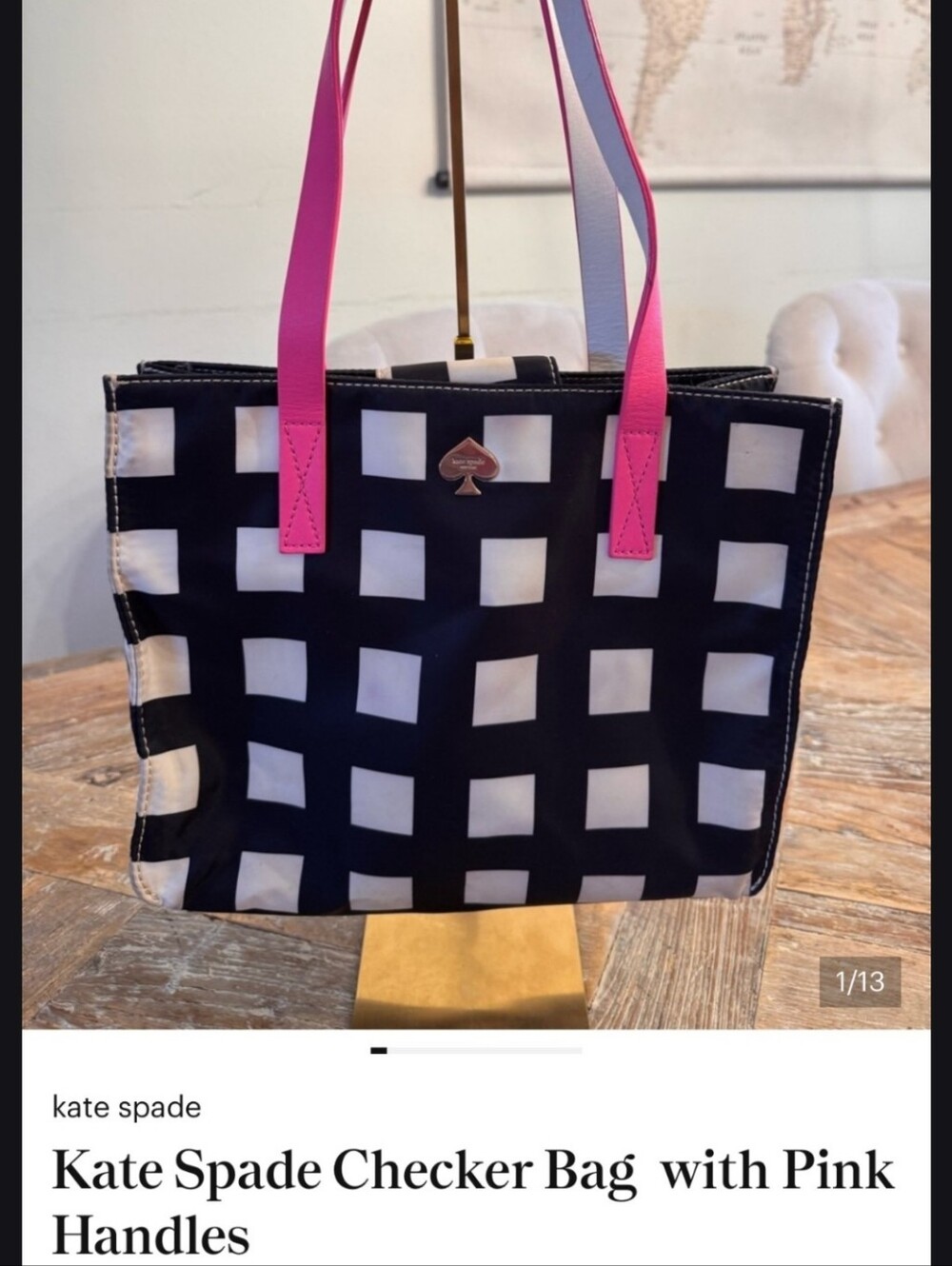 kate spade Black and White Checker Tote with Pink Handles